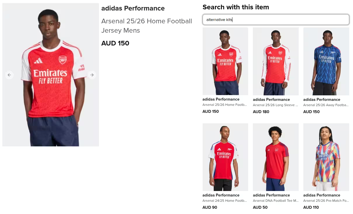 An example of a composed item retrieval query for variations of a football jersey on an e-commerce site