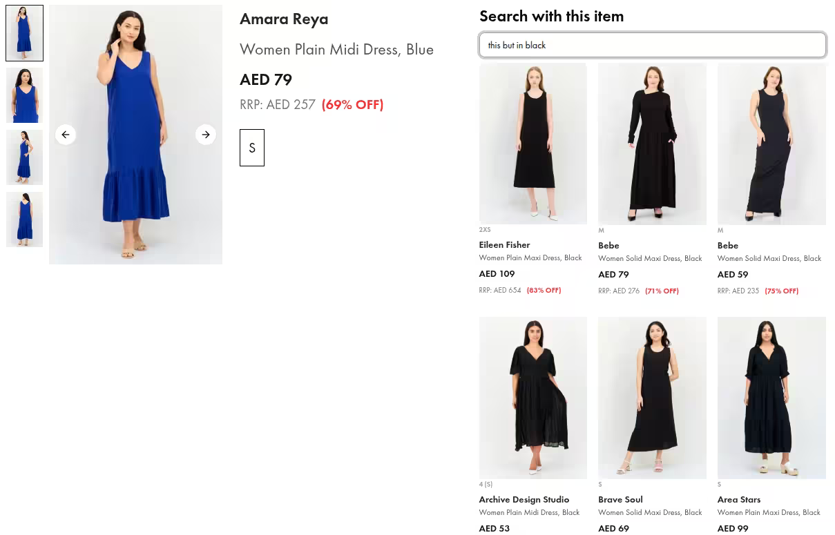 An example of a composed item retrieval query for products in a different colour on an e-commerce site