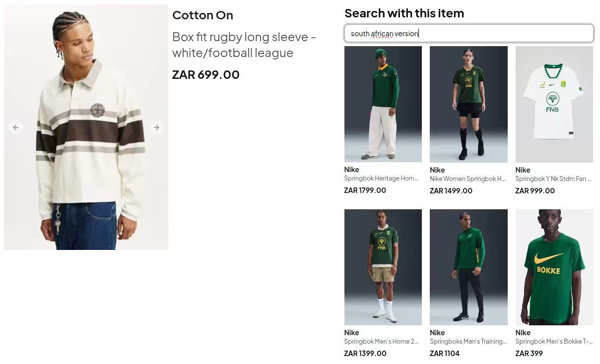 An example of a composed item retrieval query for a South African version of a rugby jersey on an e-commerce site