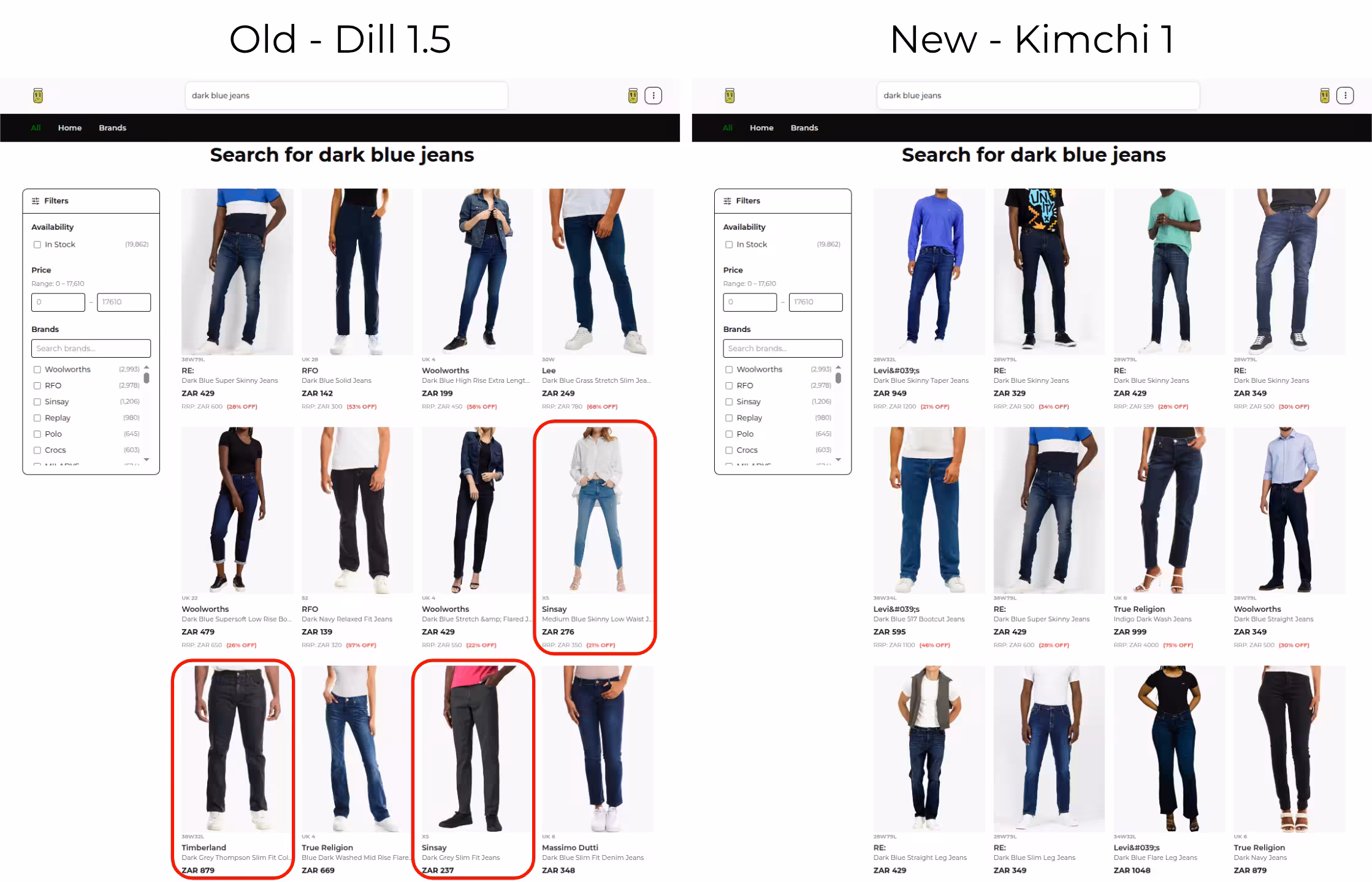 A comparison of Dill 1.5 (left) and Kimchi 1 (right) for the search term 'dark blue jeans', demonstrating visual capability, with failure cases marked in red.