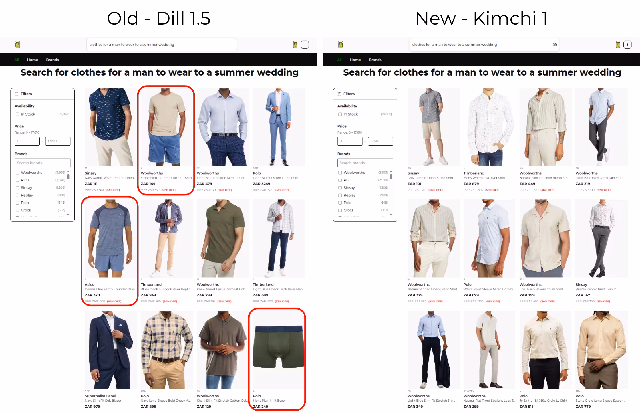 A comparison of Dill 1.5 (left) and Kimchi 1 (right) for the search term 'clothes for a man to wear to a summer wedding', demonstrating semantic capability, with failure cases marked in red.